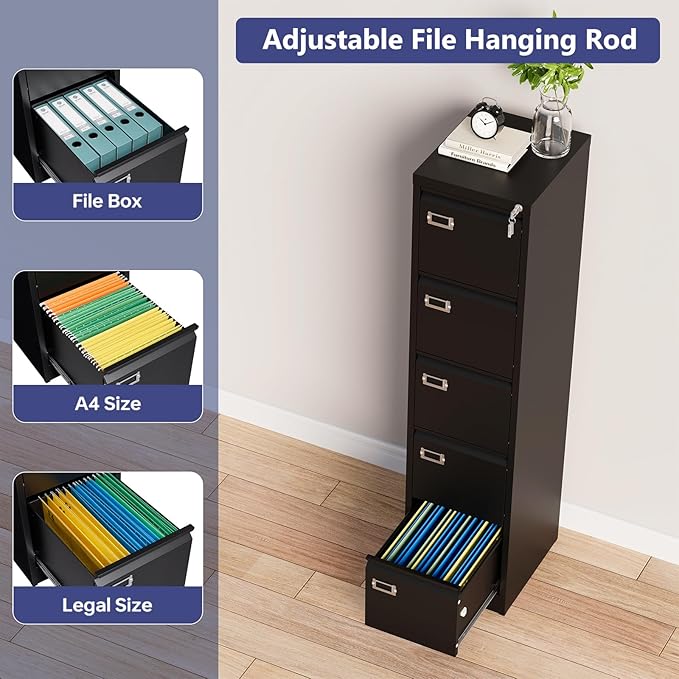 5 Drawer File Cabinet with Lock, Metal Filing Cabinets, 5-Vertical Filing Cabinet,Steel Lockable Storage Cabinets for Home Office to Organization Hanging Letter/Legal/F4/A4