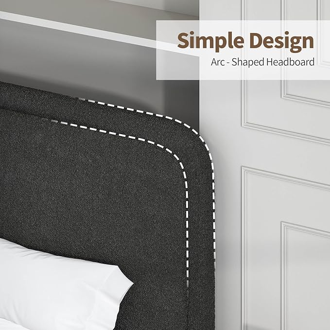BarnFurin Queen Bed Frame, Boucle Upholstered Platform Bed Frame with Headboard, Modern Style, Soft Rounded Corners, No Box Spring Required, Easy Assembly, Black