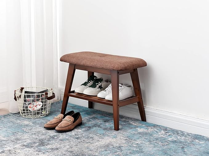 Shoe Entryway Bench, Bamboo Shoe Rack Bench, Organizer with 2 Tier Storage Simple Style Good Load Bearing, Ideal for Entryway Hallway Living Room,(Brown,23.6'')