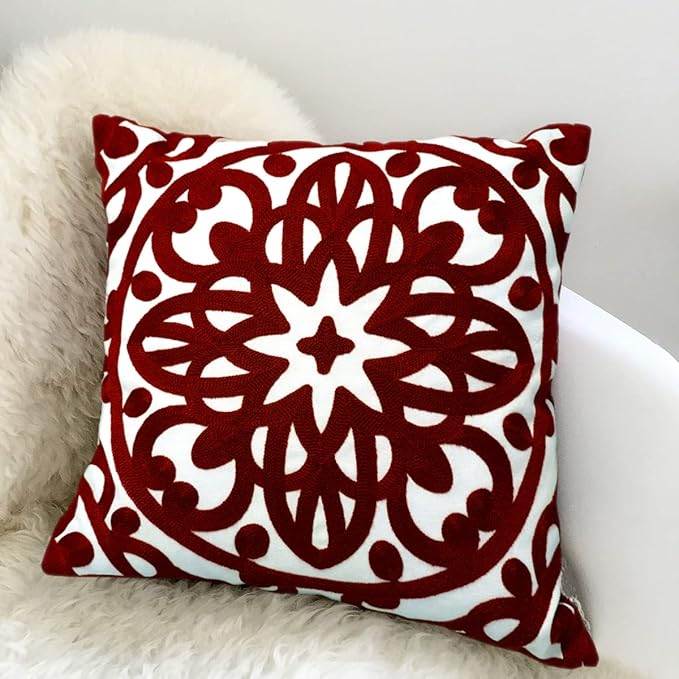 Alysheer Embroidered Decorative Throw Pillow Covers 18"x18" Set of 2 Pieces, Cozy Warm Boho Mandala Knit Pattern, Durable 100% Cotton Canvas Cushion Cases for Sofa Couch Living Room(Burgundy Red)