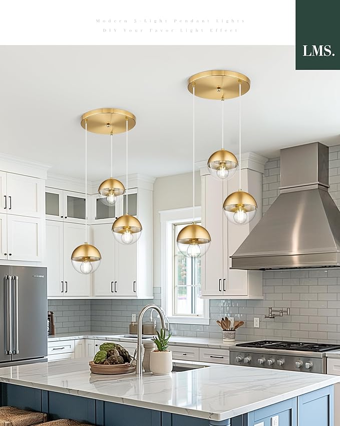 LMS Brushed Gold 3-Light Cluster Pendant Lights, Modern Kitchen Island Lighting with Clear Globe Glass Shade, Adjustable Hanging Cord Ceiling Light for Home Office Bathroom Dining Room, LMS-186BGC3