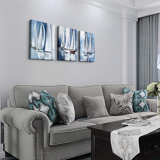 3 Piece Framed canvas wall art for living room bathroom bedroom Wall Art Decor Ocean landscape sailboat abstract Canvas painting Ready to Hang Office Home Decoration sea poster Pictures Wall Artworks