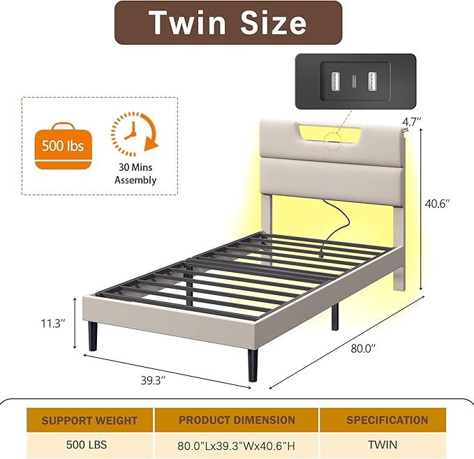 Twin Bed Frames for Kids, Twin Size Bed Frames with Upholstered Headboard, Modern Platform Bed with Charging Station and Led Lights, Sturdy Wooden Slats