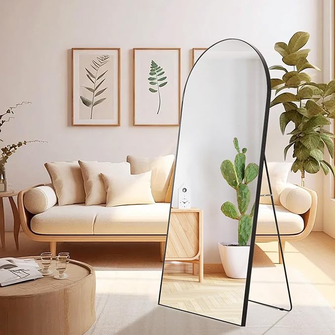 Arched Full Body Mirror, 55''x 18'' With Black Aluminum Alloy Frame, Floor Not Fragile Tempered Glass Leaning Against Wall for Living Room, Women Dressing Clothes