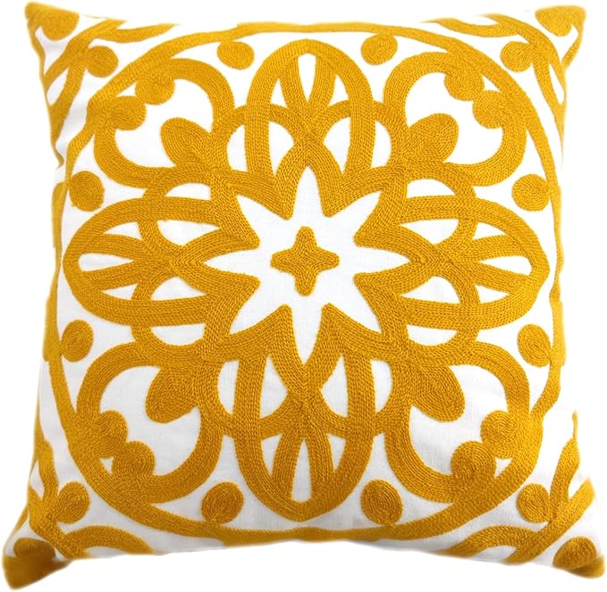 Alysheer Embroidered Decorative Throw Pillow Cover 20"x 20", Boho Mandala Modern Thick Embroidery Pattern, Durable Cotton Canvas Soft Cushion Case for Sofa Couch Bed Living Room (Mustard Yellow)