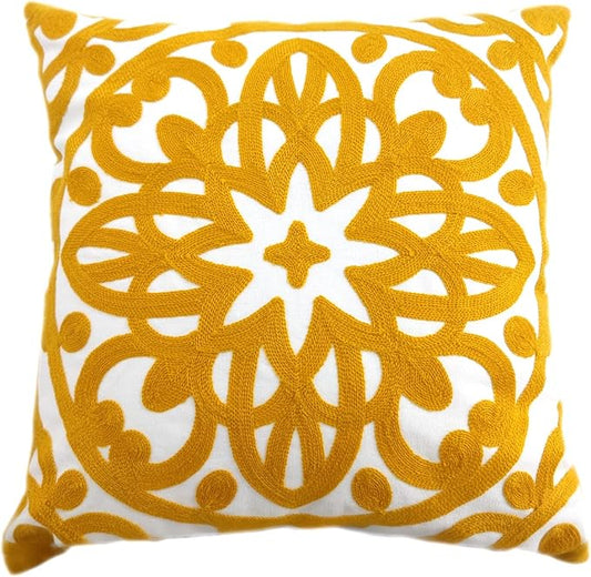 Alysheer Embroidered Decorative Throw Pillow Cover 20"x 20", Boho Mandala Modern Thick Embroidery Pattern, Durable Cotton Canvas Soft Cushion Case for Sofa Couch Bed Living Room (Mustard Yellow)