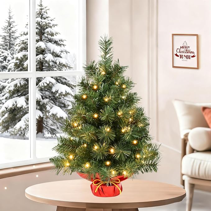 Pre-Lit 2ft Small Christmas Tree, Tabletop Christmas Trees with 50 LED Lights, Mini Artificial Xmas Tree for Table,Desk,Home,Office,Christmas Decor