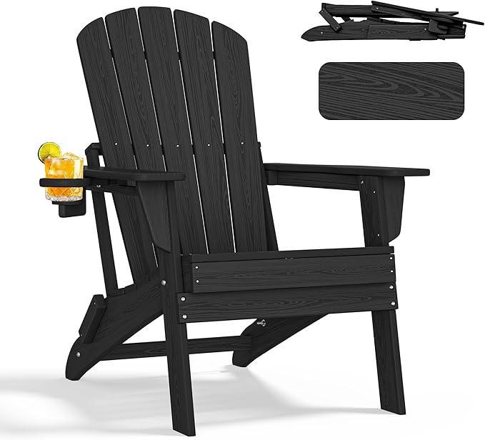 nevilywood Folding Adirondack Chair, Ergonomic Extended Backrest, HDPE All-Weather, 380lbs Capacity, Maintenance-Free, Cup Holder, （Black）- Outdoor Patio & Firepit Chair