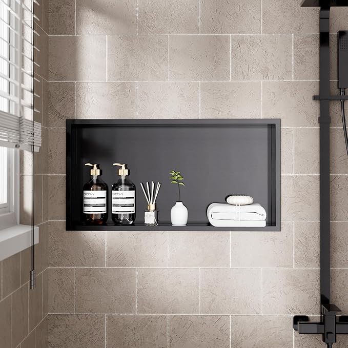 POPFLY No Tile Shower Niche, Stainless Steel Shower Niche 24"X12", Single Shelf No Tile Needed Recessed Bathroom Wall Niches, Dark Grey
