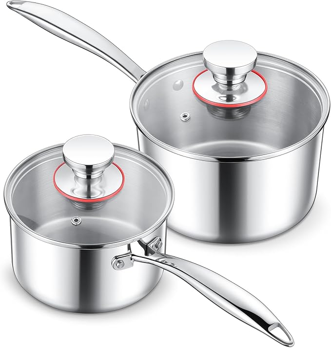 E-far Stainless Steel Saucepan Set - 1Qt & 2 Qt, Triply Sauce Pan Pot with Lid for Cooking Pasta Warming Milk Boiling Water, Small Metal Cookware for Kitchen, Induction Ready & Heavy Duty