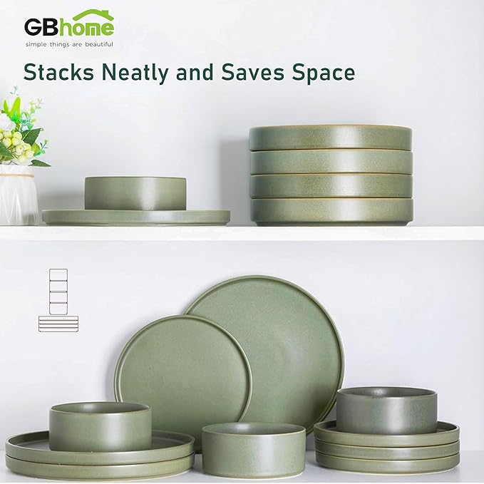 GBhome Ceramic Dinnerware Sets for 6, Matte Stoneware Plates and Bowls Sets,Chip and Scratch Resistant Dishes, Dishwasher & Microwave Safe, Oven safe,Reactive Glaze-Green