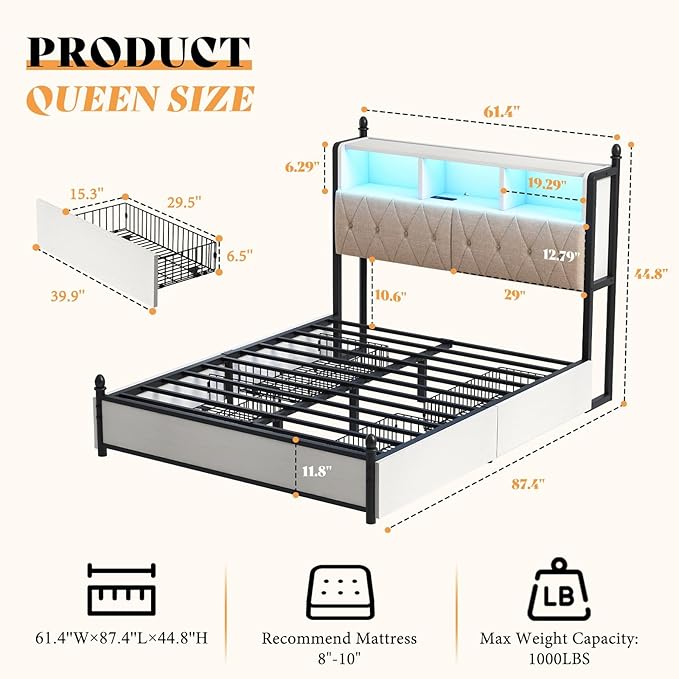 AMERLIFE Queen Bed Frame with Bookcase Headboard & 4 Storage Drawers, Wooden Platform Bed with Charging Station and LED Light, No Box Spring Needed/Noise-Free, White