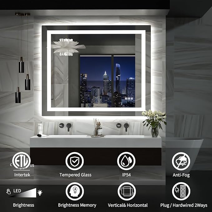LED Mirror for Bathroom, 40x36 Inch Backlit + Front Lighted Bathroom Vanity Mirror with Lights for Wall, Double Light Strips, 3 Colors, Shatter-Proof, Anti-Fog and Brightness Memory