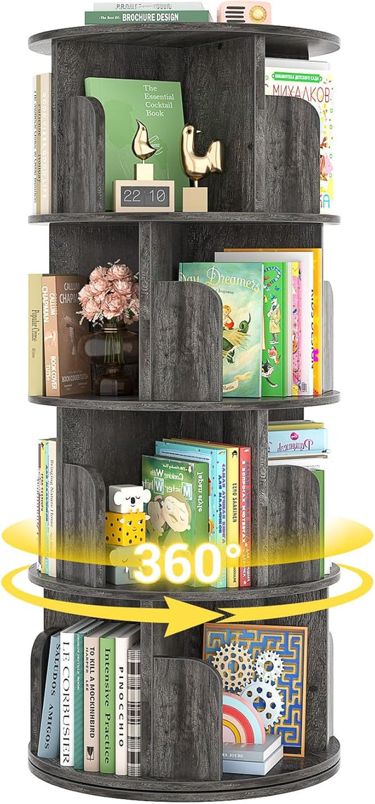 Rotating Bookshelf, Wood Corner Bookshelf, 360 Display Spinning Bookcase Storage Rack, 4 Tier Floor Standing Revolving Bookcase Narrow Book Shelf Organizer for Small Space, Bedroom, Grey Oak