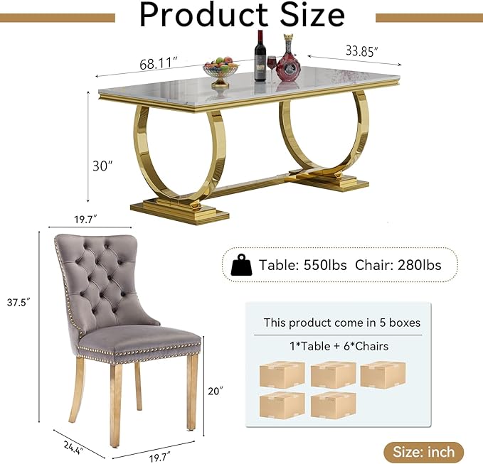 Goujxcy 68" Faux Marble Dining Table Set for 6, 7-Piece Dining Set with White Gold Kitchen Table and 6 Velvet Tufted Chairs, Modern Rectangular Dining Room Table with O-Shape Stainless Steel Base