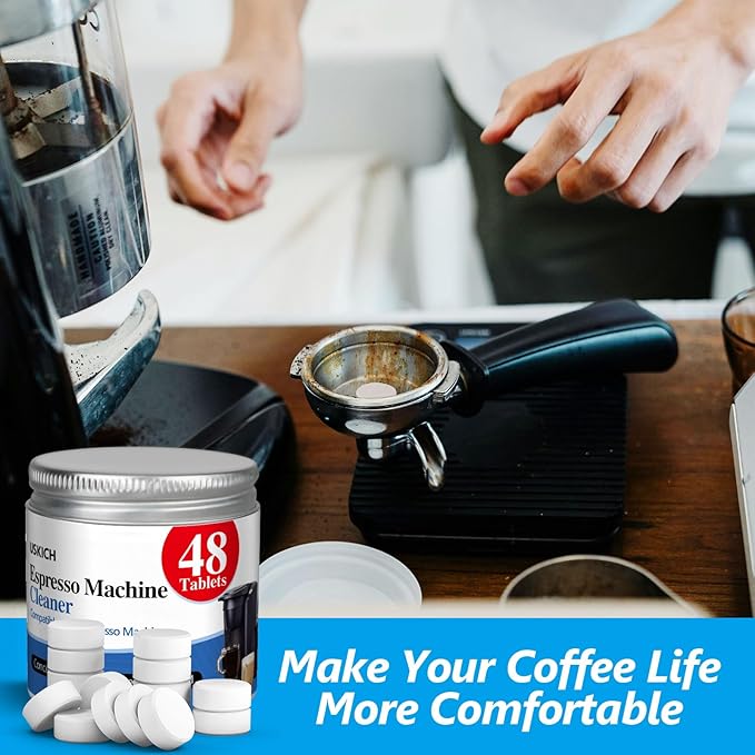 USKICH Coffee Machine Cleaner Descaler Tablets Kit Compatible 12 Espresso Machine Tablet and 1 Reusable Rinse Pods- 48 Cleaning Tablets and 6 Water Filters-3 in 1 Cup Lid Gap Cleaning Brush