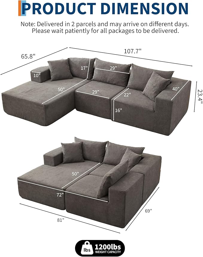 Garvee 108" Modular Sectional Sofa,Cloud Couch Sectional with Left Chaise | Compressed l Shaped Sofa for Living Room | Boneless Couch & Sofa Bed Design,No Assembly Required, Gray