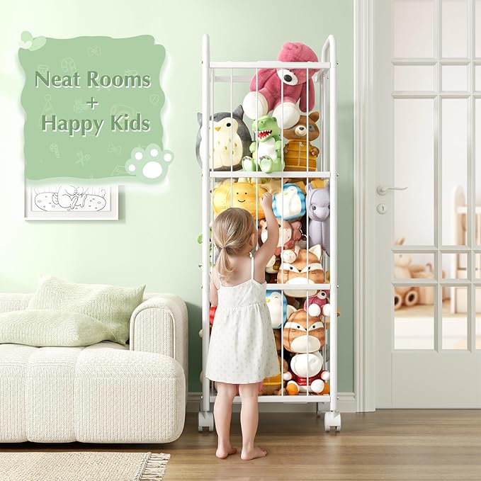 Stuffed Animal Storage Metal Tube Extra Large Toy Storage Organizer with Brake Wheels, Stuffed Animal Holder Zoo Organizer for Nursery Playroom Kids Room White(53.5” x 18.1”x 13”)