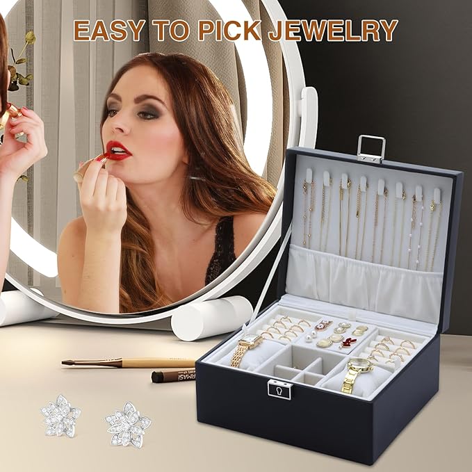 Jewelry Organizer Box for Girls Women,2 Layer Large Genuine Leather Jewelry Organizers and Storage with Lock Removable Velvet Jewelry Tray,Christmas Gifts for Mom,Black