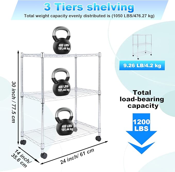 Whitmor 3 Tier Storage Shelves, Heavy Duty with Wheels, 400 lbs Capacity per Shelf, Max 1200 lbs Total, Adjustable Shelving Unit for Garage, Kitchen, Bathroom, 24" L x 14" W x 30.5" H, Chrome