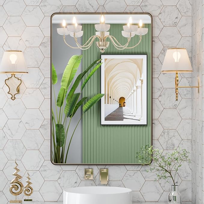 LOAAO 24”X32” Bronze Bathroom Mirrors for Vanity, Rounded Rectangle Brushed Bronze Metal Frame Mirror, Anti-Rust, Hangs Horizontally or Vertically