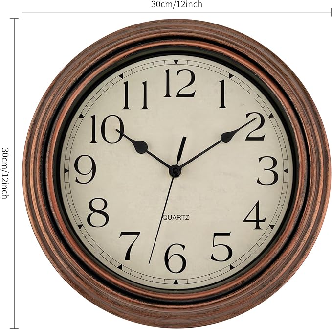 Foxtop Vintage Copper Wall Clock 12 Inch Silent Non Ticking Battery Operated Quartz Round Retro Wall Clock Decorative for Kitchen Bedroom Living Room Office Classroom