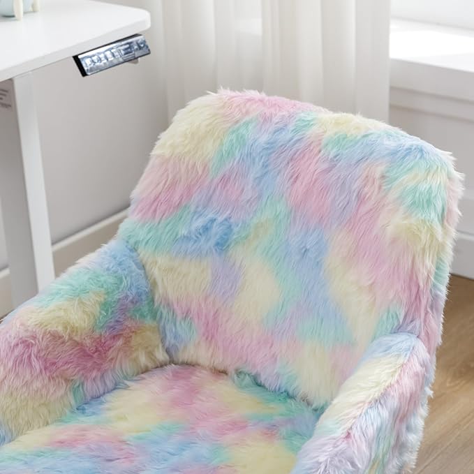 Kids Desk Chair Faux Fur Upholstered Swivel Reading Chair, Cute Adjustable Study Chair with White Wheels for Reading Room Bedroom, Rainbow Color