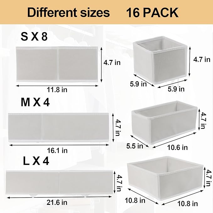 16 Pcs Drawer Organizer,Fabric Closet Organizer and Storage Baskets,Foldable Drawer Divider for Clothing,Sock,Ties,Underwear Drawer Organizers,Cabinet Storage Boxes (White)