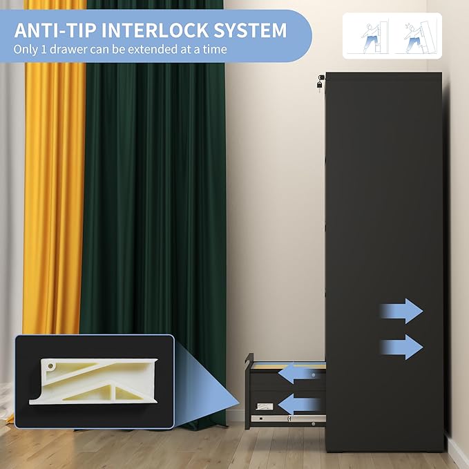 AQY 5 Drawer File Cabinet with Lock, Metal Black Filing Cabinets for Home Office, 18" Deep Heavy Duty Vertical Storage Cabinet for Hanging A4/Letter/Legal Size Files, Assembly Require