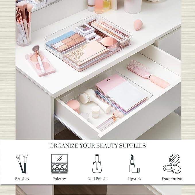 STORi SimpleSort 2-Piece Stackable Clear Drawer Organizer Set | 15" x 6" x 2" Rectangle Trays | Wide Makeup Vanity Storage Bins and Office Desk Drawer Dividers | Made in USA