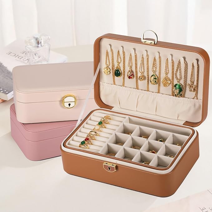 Travel Jewelry Case With Lock, 2-Layer PU Leather Jewelry Box for Women, Ring Box and Jewelry Organizer, Large Jewelry Travel Case,Best Gifts for Women for the Holidays(Brown)