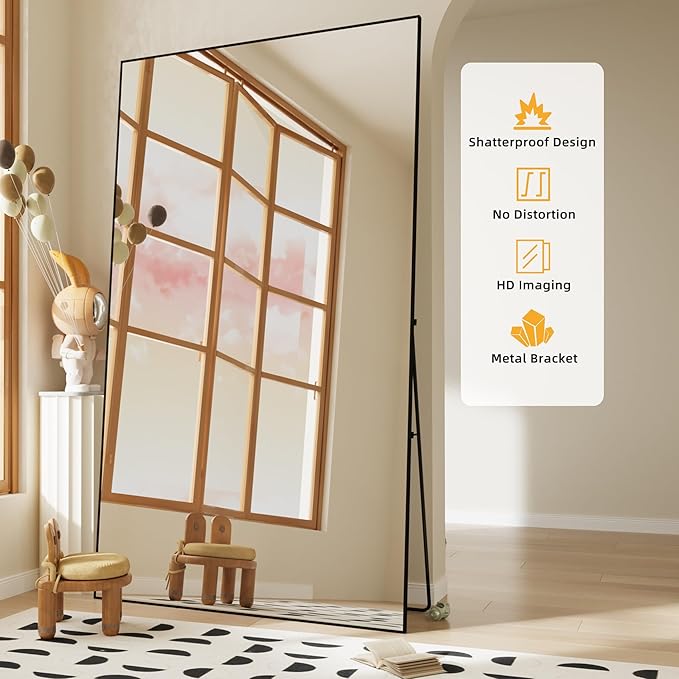 FANYUSHOW 76.3"x37" Full Length Mirror Floor Standing Aluminum Frame for Living Room, Tempered Glass Floor Mirror, Simple Home Decor, Wall Decor for Bedroom & Bathroom, Large Full Body Mirror, Black