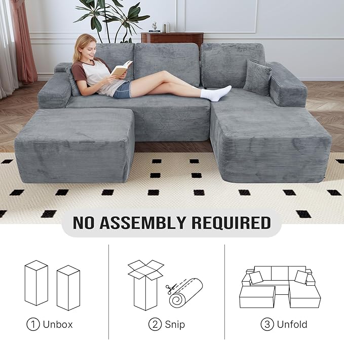 Rovibek 108” Modular Sectional Sofa with Chaise, Boneless Couches for Living Room with Deep Seat & Throw Pillow, Comfy Corduroy Fabric U Shaped Couch, No Assembly Required, Grey