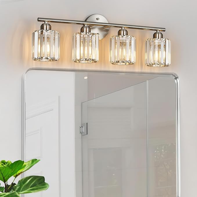 Modern 4 Light Crystal Vanity Light, Brushed Nickel Vertical Bathroom Light Fixture Over Mirror for Dressing Table Sink, Compatible with Dimmable Bulbs (Bulbs Not Included)