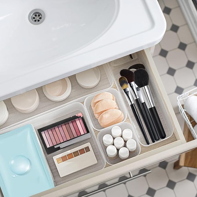 Poeland 20 Pcs Drawer Organizer Tray Storage Box for Bedroom Dresser Bathroom Kitchen, Frosted