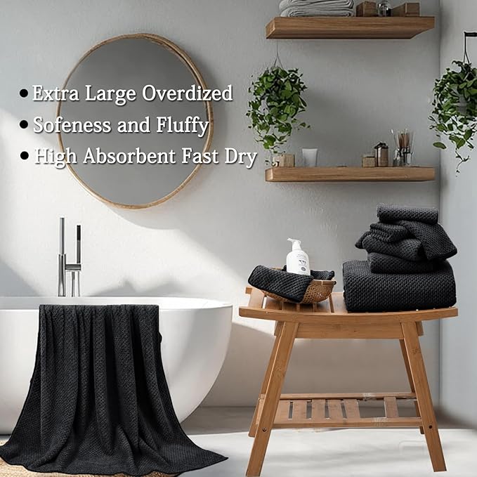 8-Piece Black Bath Towels Set,2 Oversized Large Bath Towels Sheet,2 Hand Towels and 4 Washcloths - 600 GSM Soft Luxury Towel Set,Highly Absorbent Quick Dry Towel Collection for Bathroom,Hotel and Spa