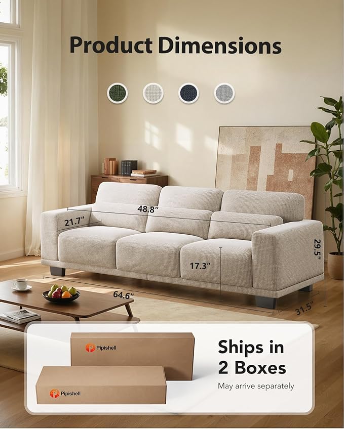 Pipishell 3 Seater Couch, Modern Linen Fabric Armchair for Living Room, 89" Comfy 3-Seater Sofas, Mid-Century Accent Chair Upholstered Couch with Removable Washable Cover