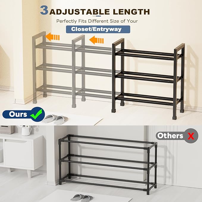 Mavivegue 3 Tier Expandable Shoe Rack for Closet, 19“- 43” Adjustable Shoe Rack for Entryway, Shoe Shelf, Black