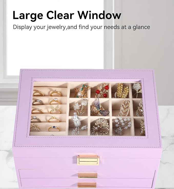Voova Jewelry Box Organizer for Women Girls, 3 Layer PU Leather Jewelry Storage Case with Glass Lid & 2 Drawers, Large Jewellery Display Holder for Necklaces Rings Earrings Bracelets, Lavender