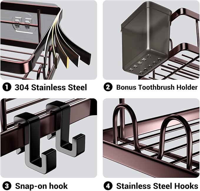 Shower Caddy Corner Organizer: 2Pack Adhesive Shower Shelf Essentials - No Drilling Stainless Steel Bathroom Storage Rack with Hooks and Toothpaste Holder - Shower Accessories