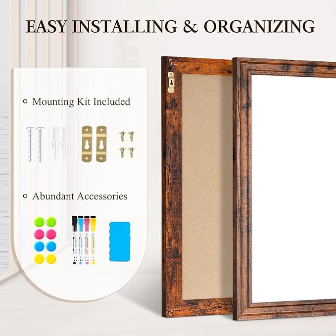 4 THOUGHT Dry Erase Board, 36" x 24" Magnetic Whiteboard Brown Vintage Wood Frame Wall-Mounted White Board Decorative Notice Board School, Office, Home, 6 Magnets 4 Markers 1 Eraser