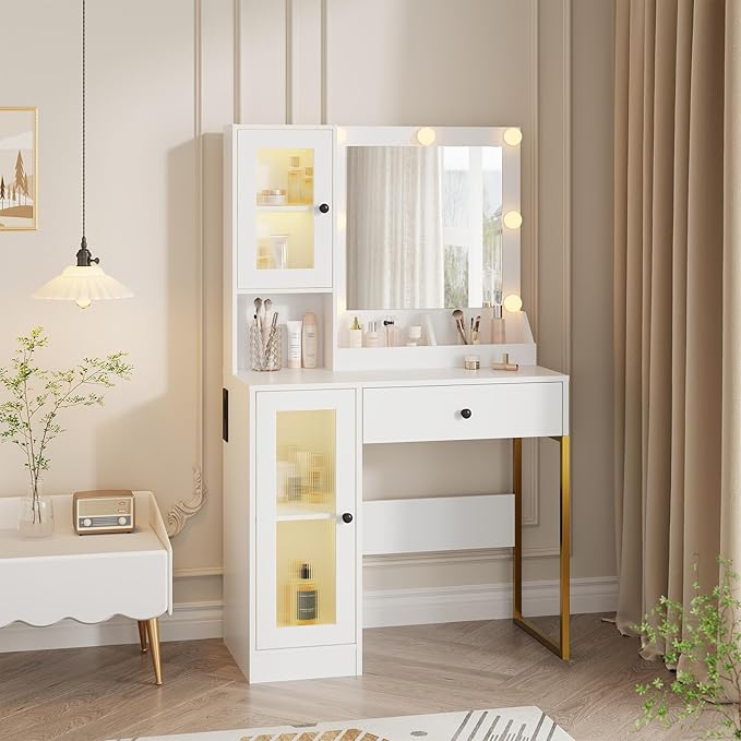 Vanity Desk with Mirror and Lights, Makeup Dressing Table w/Adjustable Bulbs, Outlets & USB Ports, Sturdy MDF Top & Metal Leg, Smart Storage Drawers & Cabinets for Bedroom