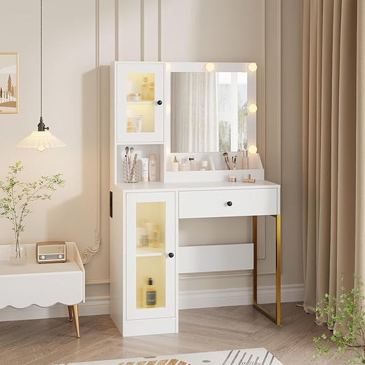 Vanity Desk with Mirror and Lights, Makeup Dressing Table w/Adjustable Bulbs, Outlets & USB Ports, Sturdy MDF Top & Metal Leg, Smart Storage Drawers & Cabinets for Bedroom
