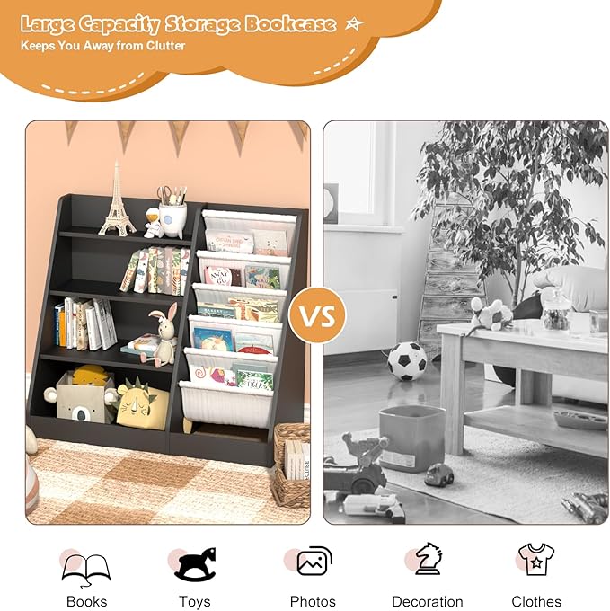 4 Tier Kids Bookshelf Wooden, Five Layer Sling Children Bookcase, Baby Toddler Storage Book Rack, Book and Toy Organizer Cabinet Chest, Book Display Shelf Stand, Playroom Nursery Classroom Library