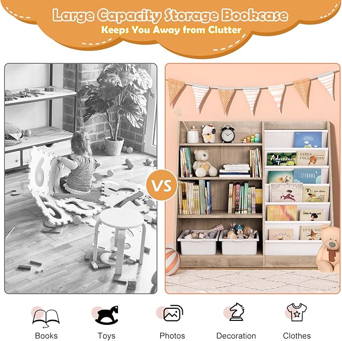 Kids Bookshelf Wood Toy Storage Organizer Cabinet Children Bookcase Toddler Baby Sling Book Rack Adjustable Shelf for Playroom Bedroom Nursery Hallway School Kindergarten
