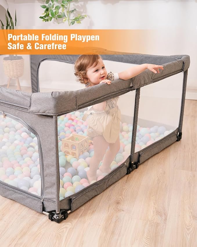 Foldable Baby Playpen with Gate, Extra Large Collapsible Play Yard for Babies & Toddlers, Portable Travel Playpen, Baby Activity Center for Indoor & Outdoor Use (Grey 51"×51")