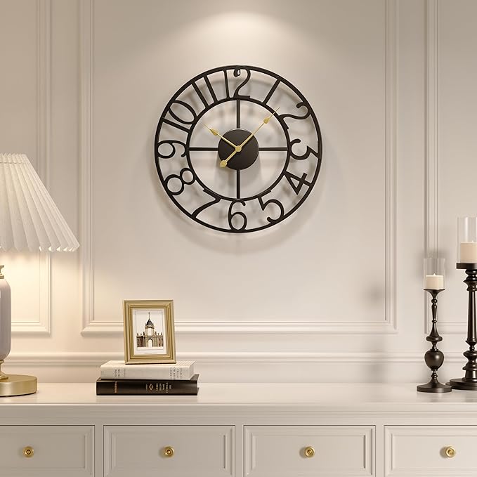 Black 16 Inch Wall Clock Decorative, Modern Metal Clock for Lving Room, Battery-Operated Silent Non Ticking Arabic Numerals Wall Clocks for Bedroom, Kitchen, Dining Room, Office