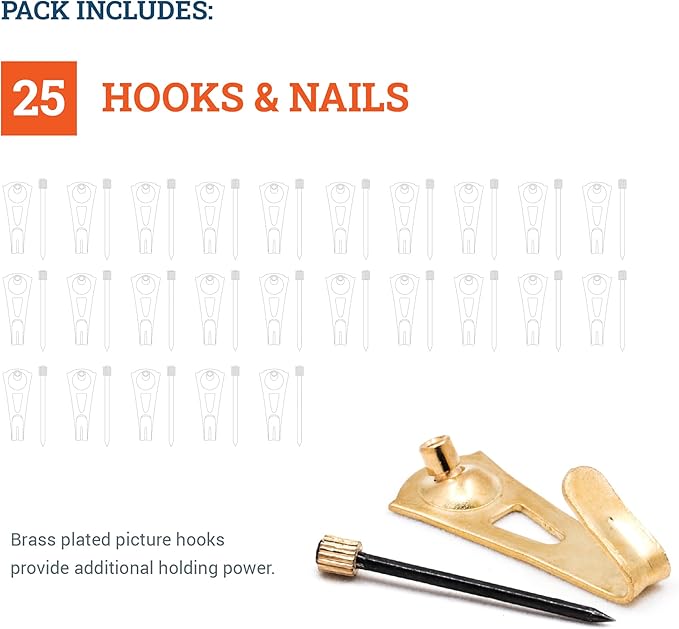 PHS - Professional Plaster Wall Picture Hangers 30 lbs - 25 Pack - Heavy Duty Picture Hooks for Drywall - Frame Hanging Hardware - Art Hooks for Wall - Secure Picture Hanging Kit