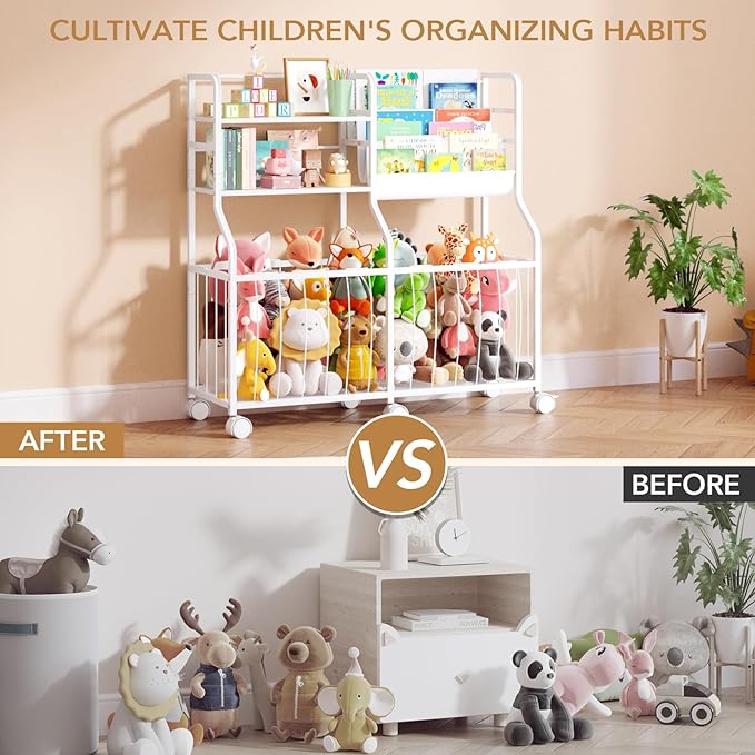 BBLIKE Stuffed Animal Storage Organizer - Rolling Kids Bookshelf and Toy Storage with 3 Tiered Book Display and Toy Chest - Rolling Furniture for Kids Room, Playroom, Bedroom, Nursery, White
