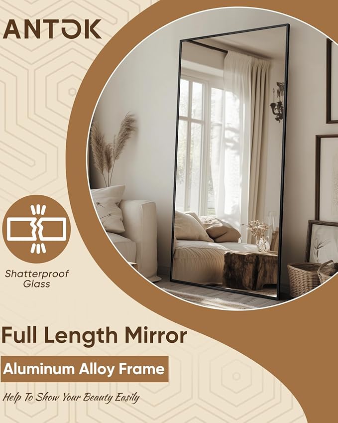 Antok Full Length Mirror, 58"x21" Floor Mirror with Stand, Hanging Mounted Mirrors for Bedroom, Living Room, Cloakroom, Dining Room, Black, Rect
